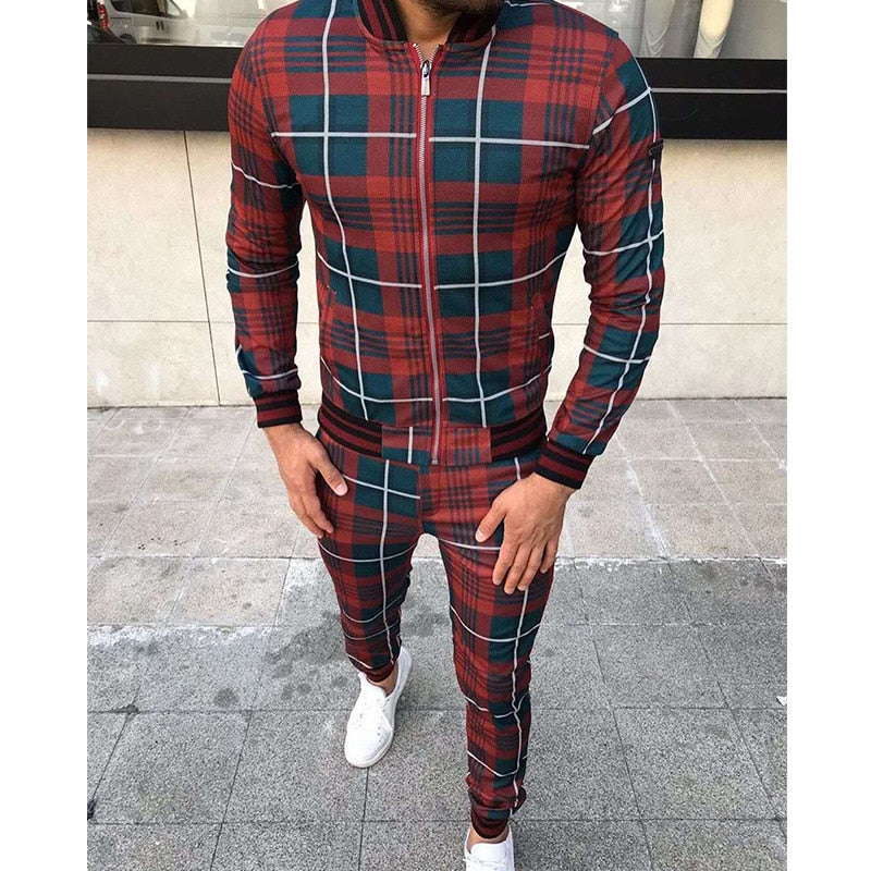 Men's Agate leisure tracksuit set with a grid pattern, two-piece athletic suit for casual and active wear.