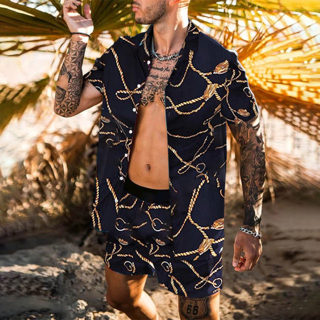 Men's floral beach shirt and two-piece suit set by Agate, stylish new men's fashion beachwear ensemble.