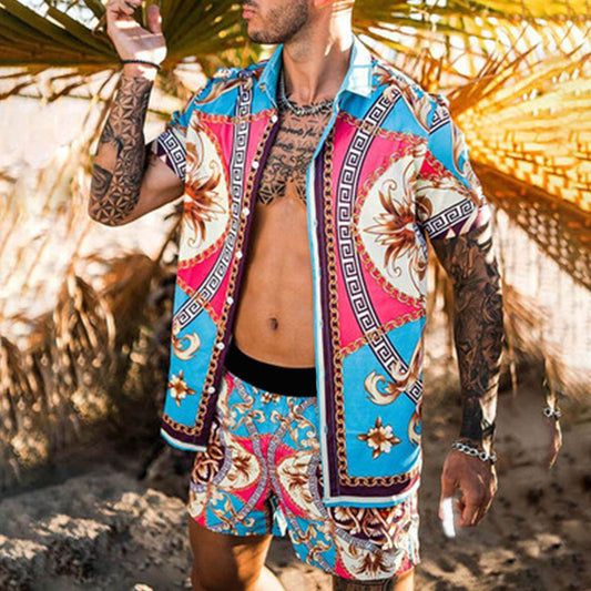 Men's floral beach shirt and two-piece suit set by Agate, featuring a stylish, casual summer design with vibrant floral patterns.