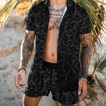 Men's floral beach shirt and two-piece suit set by Agate, featuring vibrant patterns and lightweight fabric for summer wear.