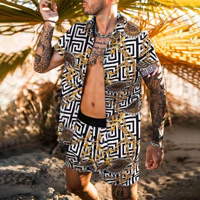 Men's floral beach shirt and two-piece suit set by Agate, stylish summer fashion, colorful floral pattern, casual men's clothing.