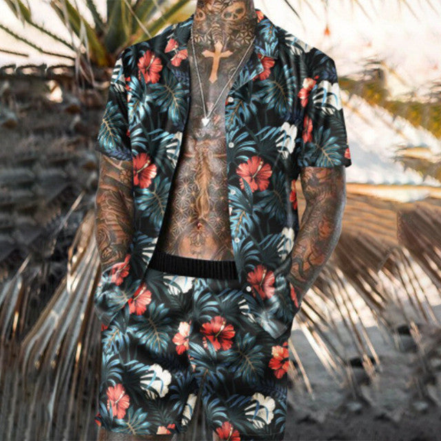 Men's floral beach shirt and two-piece suit set by Agate, featuring a stylish floral pattern for casual summer wear.