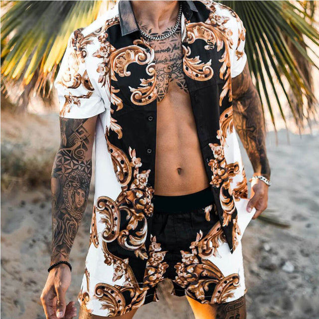 Men's floral beach shirt and two-piece suit set by Agate, featuring vibrant floral patterns for a stylish summer look.