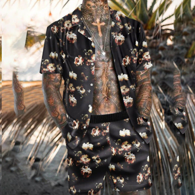 Men's floral beach shirt and two-piece suit set by Agate, featuring a stylish floral print for casual summer wear.