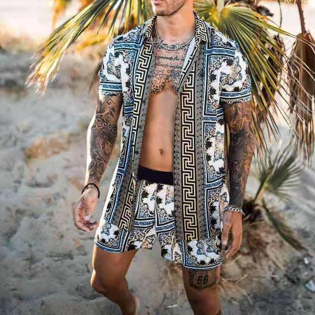 Men's floral beach two-piece shirt and shorts set by Agate, stylish summer fashion, casual men's clothing ensemble.