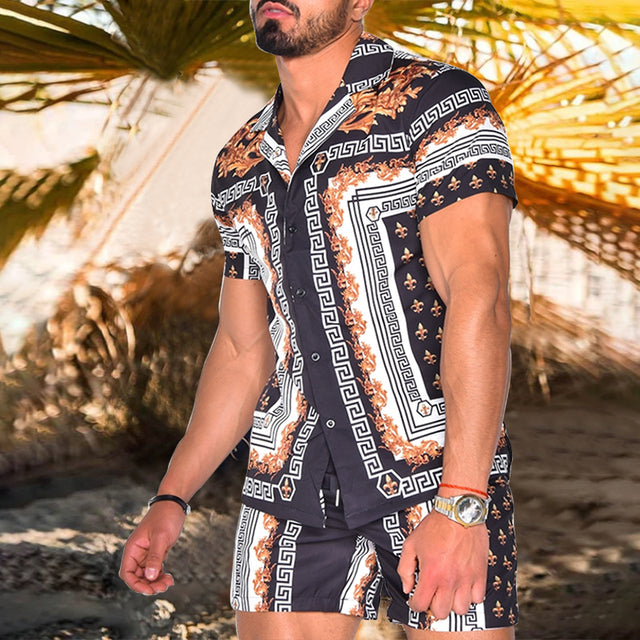 Agate men's floral beach shirt and two-piece suit set, stylish new fashion men's clothing for beachwear and casual summer wear.