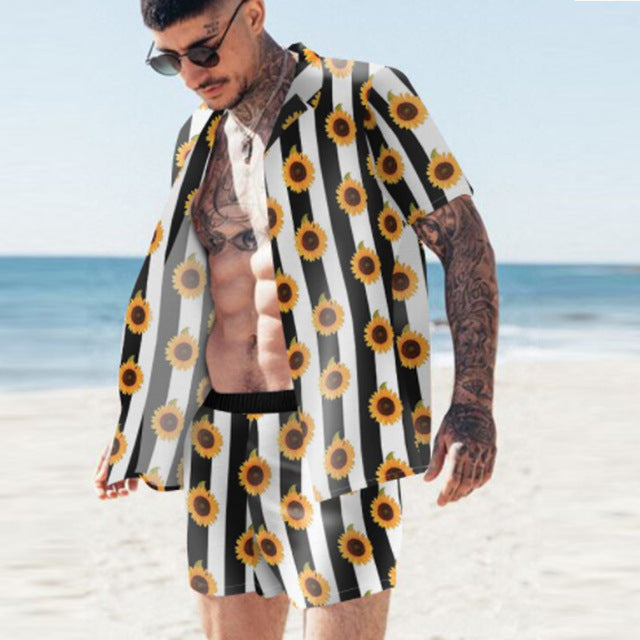 Agate men's floral beach shirt and two-piece suit set, featuring vibrant patterns perfect for summer beachwear.