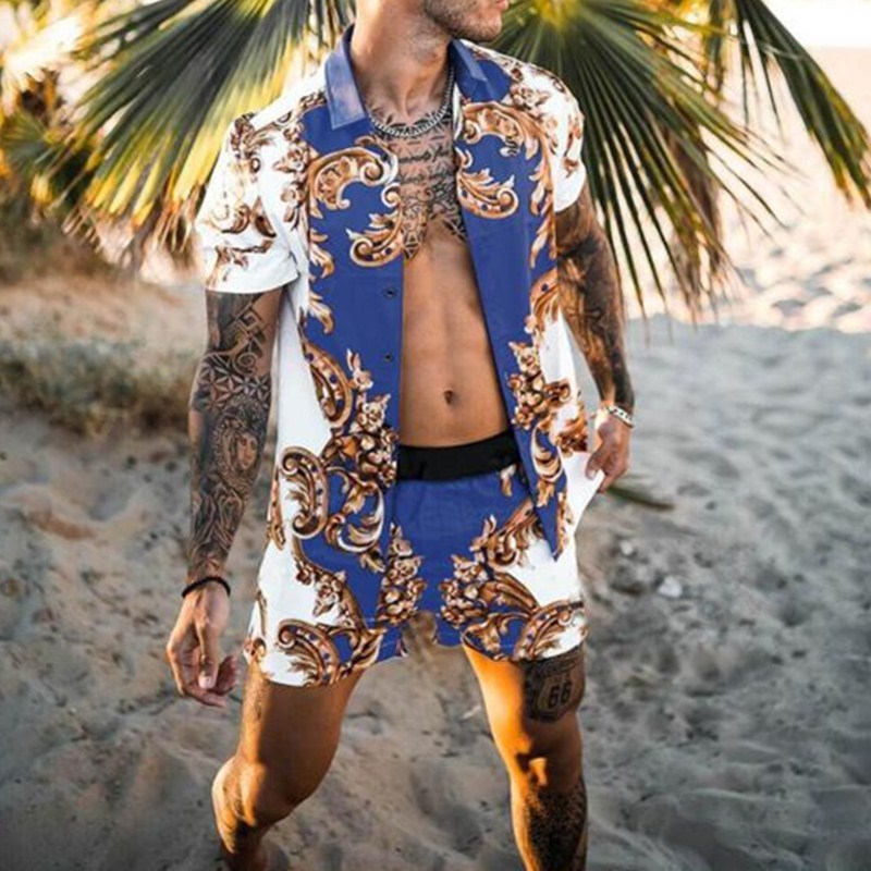 Men's floral beach shirt and shorts set by Agate, stylish two-piece suit for summer beachwear.