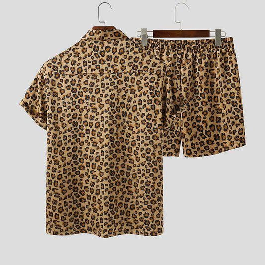 Men's summer wear set by Agate featuring leopard print short sleeve shirt and matching shorts, stylish men's clothing ensemble.