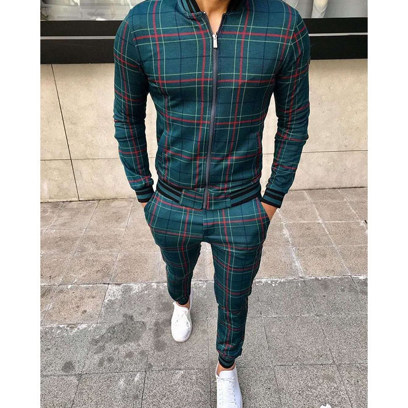 Men's Agate leisure suits tracksuits with grid pattern, two-piece set featuring a comfortable jacket and matching pants.