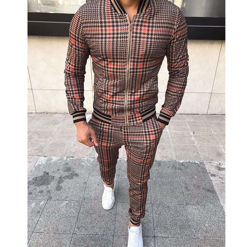 Men's Agate leisure tracksuit set with a grid pattern, two-piece casual sportswear for men, comfortable and stylish.