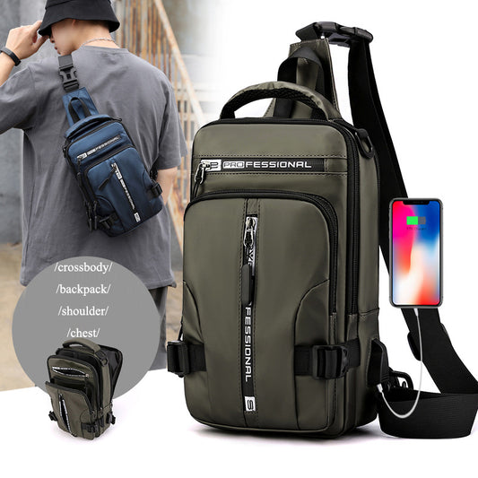 Army green Agate crossbody bag for men, multifunctional backpack with shoulder and chest strap, durable and stylish.