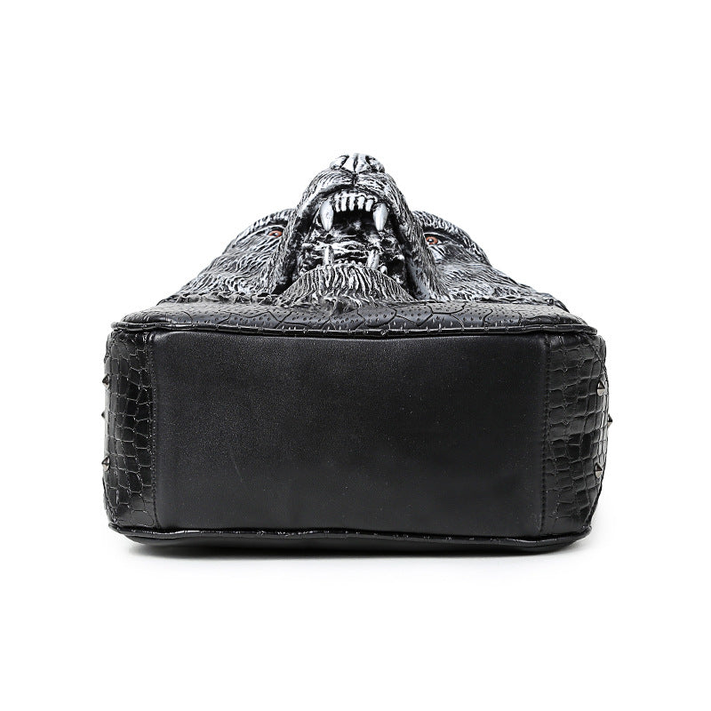 Black Agate 3D wolf head student backpack with shoulder straps, Korean edition, suitable for men and women, featuring detailed wolf design.