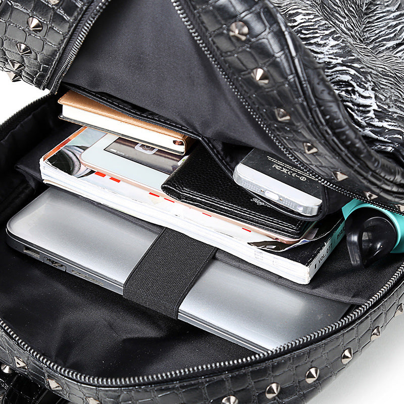 Black 3D wolf head student backpack by Agate featuring shoulder straps, Korean edition design for men and women.