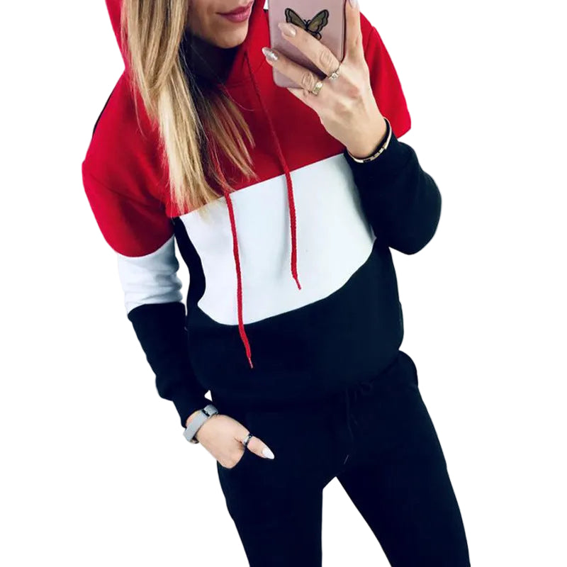 Black women's sportswear tracksuit with hood, casual autumn fashion, by Agate, featuring a comfortable fit and stylish design.