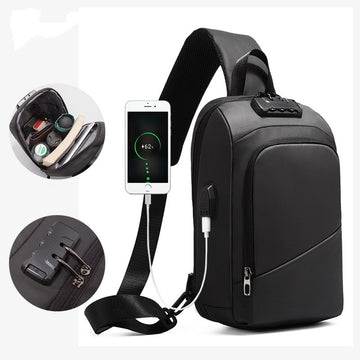 Black Agate anti-theft lock chest bag for men, upscale shoulder bag with secure locking features and compact design.