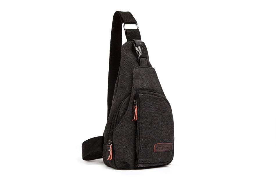 Black canvas casual men's chest pack by Agate, crossbody bag with shoulder strap and hand-held option, suitable for everyday use.