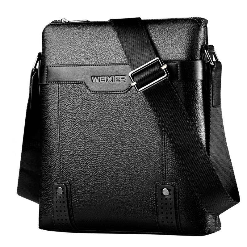 Black Agate fashion PU leather men's messenger bag with adjustable strap and multiple compartments.