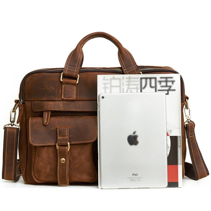 Black genuine men's bag by Agate featuring a retro business style, ideal for professional and casual use.