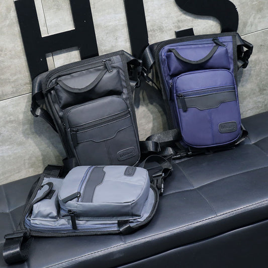 Black Agate men's waterproof nylon thigh and hip fanny pack with adjustable straps and fashionable design.