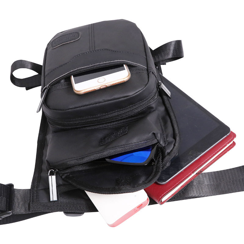 Black Agate men's waterproof nylon thigh and hip fanny pack, stylish legs bag for outdoor and casual wear.