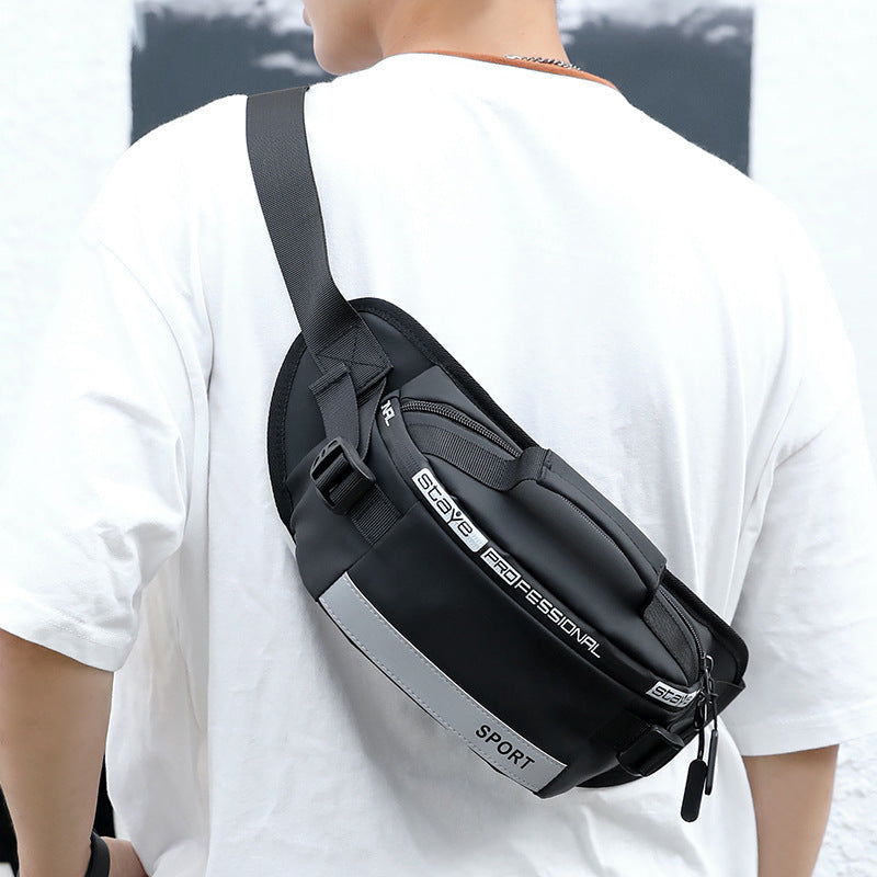 Black reflective waist bag for men by Agate, stylish crossbody bag with adjustable strap and reflective details for safety.