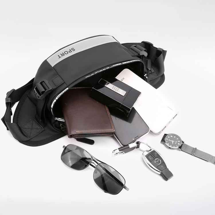 Black reflective waist bag for men by Agate, stylish crossbody bag with adjustable strap and durable material.