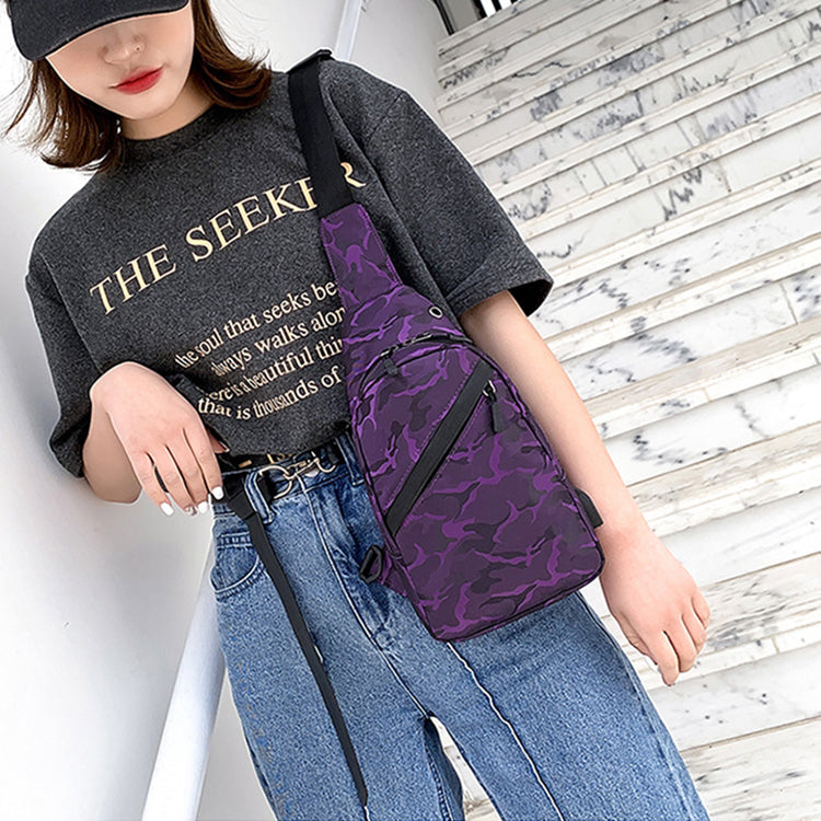 Black camouflage chest bag for men by Agate featuring a crossbody design and a convenient headphone hole.