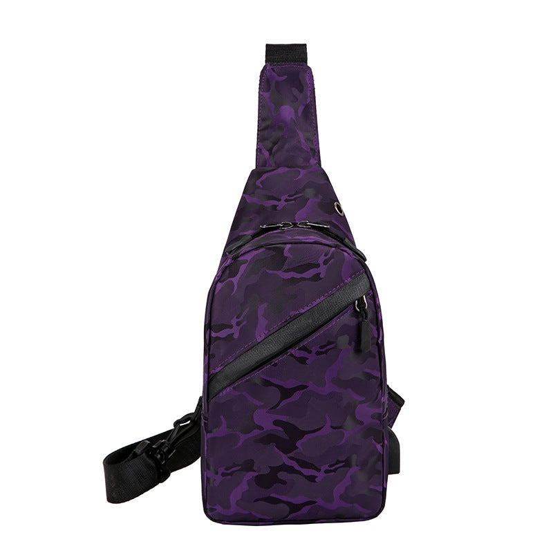 Black camouflage chest bag for men by Agate featuring a crossbody design with a convenient headphone hole.