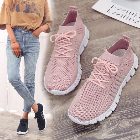 Beige Agate casual ladies shoes with breathable flying knit fabric, flat sporty design, suitable for everyday wear.