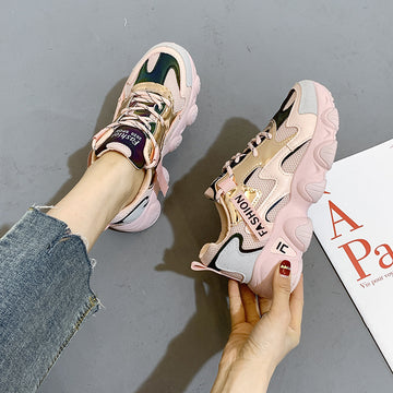 Beige women's casual sports shoes by Agate with thick soles and breathable net yarn design, ideal for everyday wear.