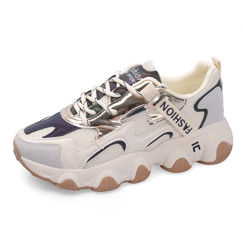 Beige women's casual sports shoes by Agate featuring thick soles and net yarn design for comfortable everyday wear.