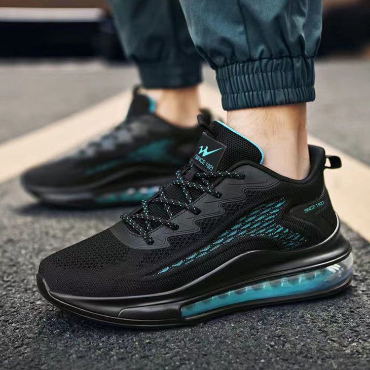 Black and blue mesh slip-on Agate men's sport sneakers with air cushion soles and height-increasing design.