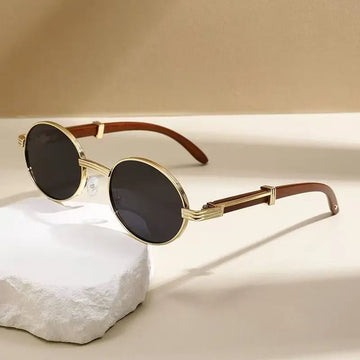 Metal Oval-frame Sunglasses With A Wood-grain Finish - Alvionz.de