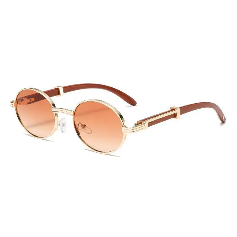 Metal Oval-frame Sunglasses With A Wood-grain Finish - Alvionz.de
