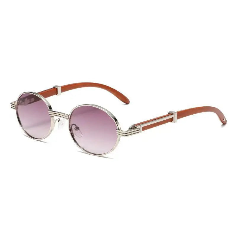 Metal Oval-frame Sunglasses With A Wood-grain Finish - Alvionz.de