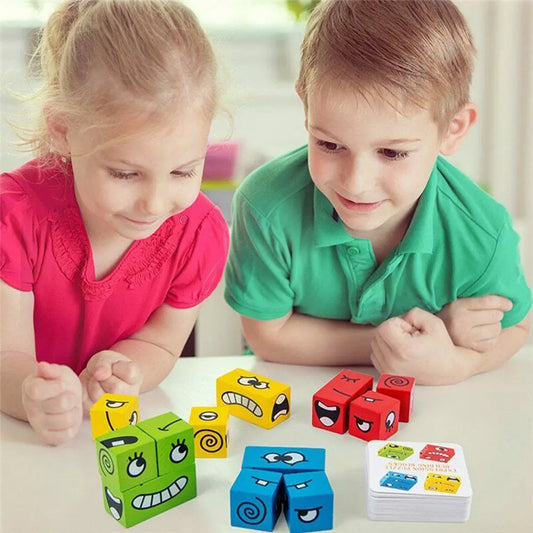 Wooden Expressions Toy Wooden Magic Cube Face Pattern Building Blocks Educational Montessori Toys Wooden Matching Block Puzzles Alvionz