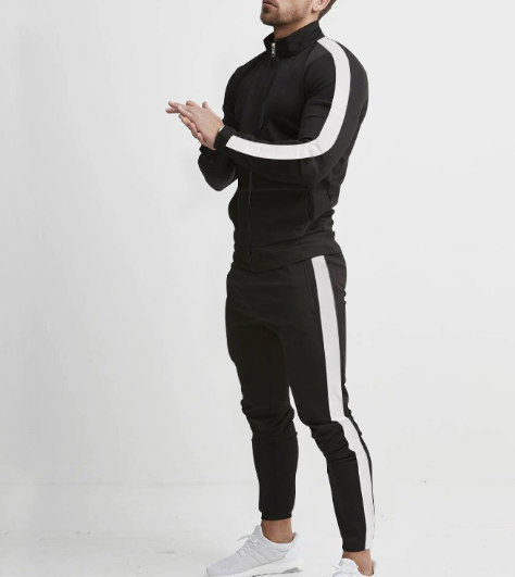Men's black and white hooded zip-up athletic tracksuit set by Alvionz.de, featuring a sporty design and comfortable fit.