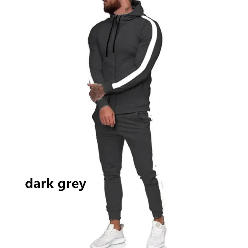 Men's black and white hooded zip-up athletic tracksuit set by Alvionz.de, featuring a comfortable fit and sporty design.