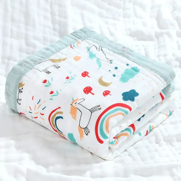 Blue unicorn baby swaddle blanket by Alvionz.de, made of 100% cotton, 6-layer, 110x110cm, soft and breathable for newborns.