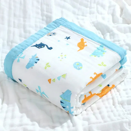 Blue unicorn baby swaddle blanket by Alvionz.de, 100% cotton, 6-layer design, 110x110cm, soft and cozy for newborns.