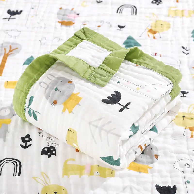 Blue unicorn baby swaddle blanket by Alvionz.de, 100% cotton, 6-layer design, 110x110cm, soft and cozy for newborns.