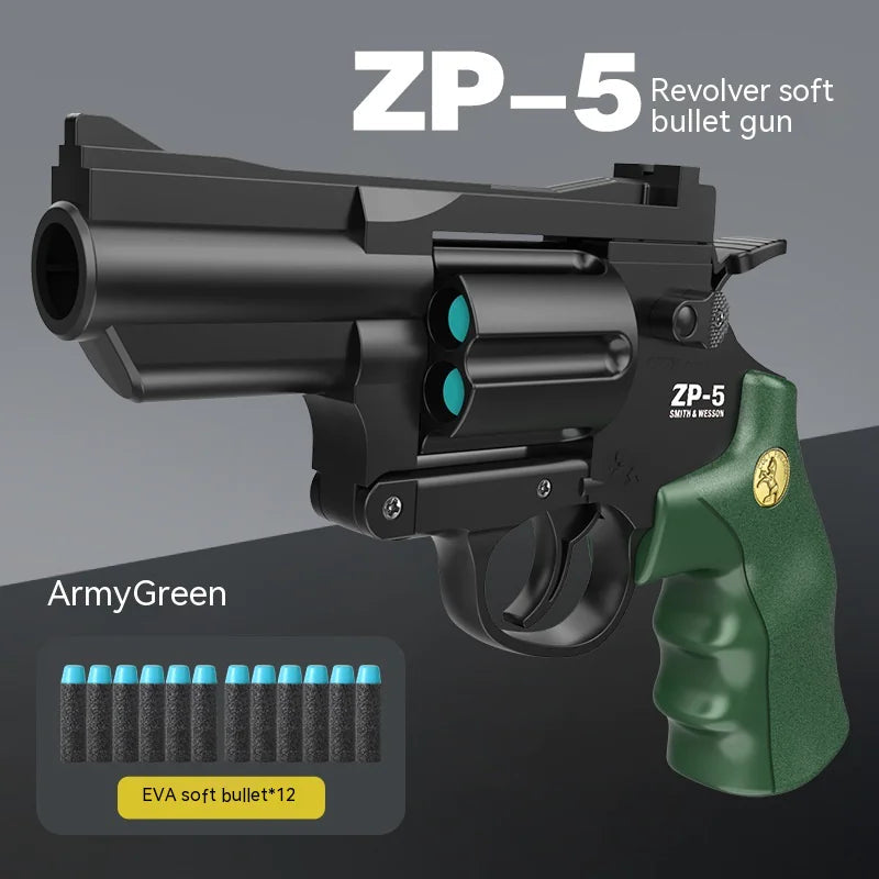 Children's left-wheel soft bullet toy pistol in black and green by Alvionz.de, designed for safe play with soft foam bullets.