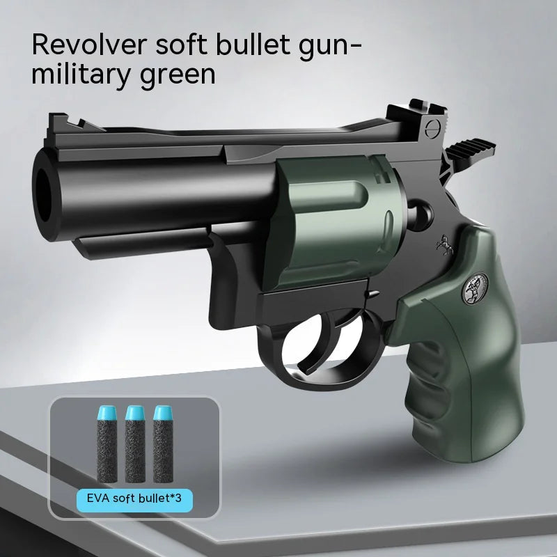 Children's left-wheel soft bullet toy pistol in black and green by Alvionz.de, featuring a compact design and playful appearance.