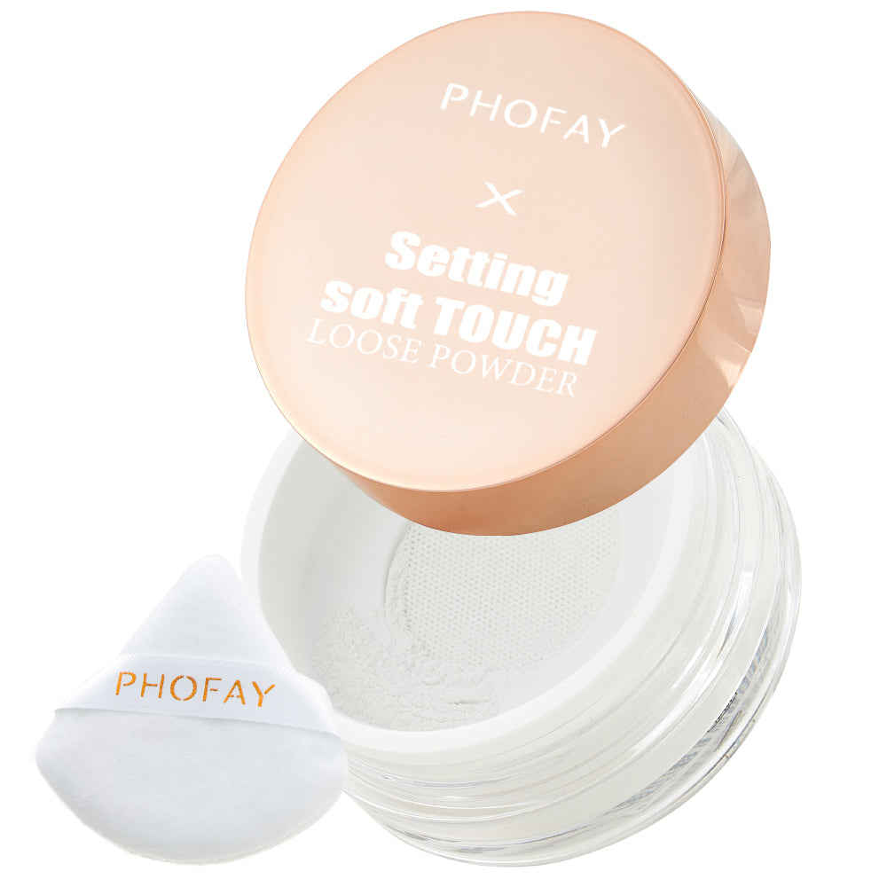 Alvionz.de PHOFAY Setting Soft Touch Loose Powder for makeup, in a clear container with a soft touch finish.