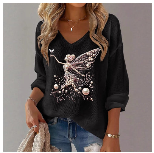 Womens Printed Loose V-Neck Top