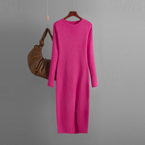 Autumn And Winter Long Sleeve Knitted Backless Round Neck Dress Carmine Juneberry