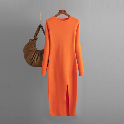 Autumn And Winter Long Sleeve Knitted Backless Round Neck Dress Carmine Juneberry