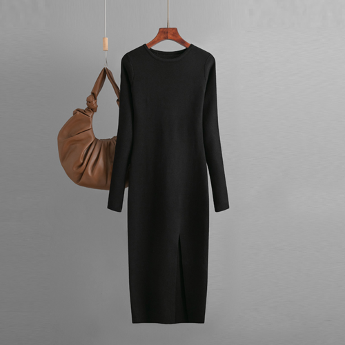 Autumn And Winter Long Sleeve Knitted Backless Round Neck Dress Carmine Juneberry