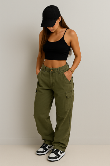 Carmine Juneberry CargoMuse™ high waist straight-leg utility jeans for women in green, showcasing the relaxed fit and functional design.